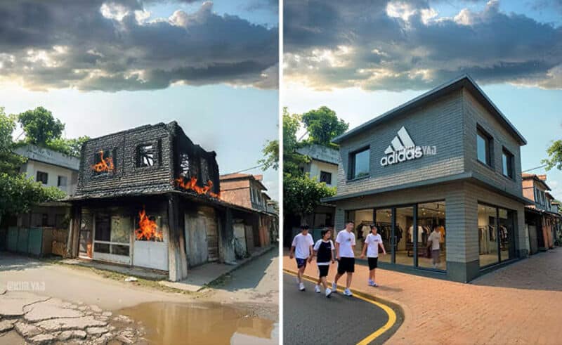 Burned-down house on the left, new Adidas store on the right, showing transformation.