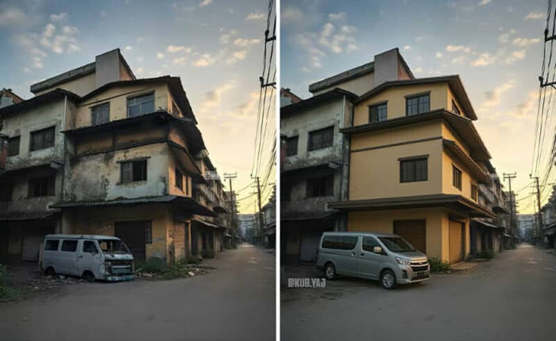 Broken and renovated building with a van parked in front, street view at sunset.