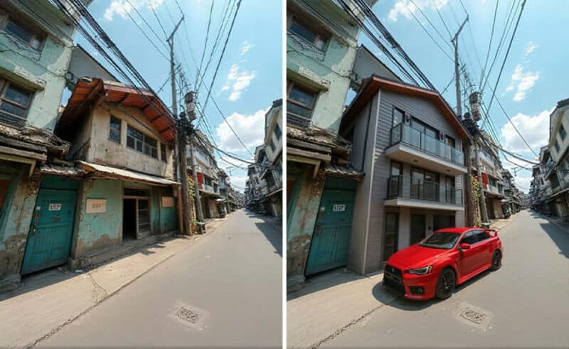 Before and after renovation of a building on a narrow street with a red car parked in front.