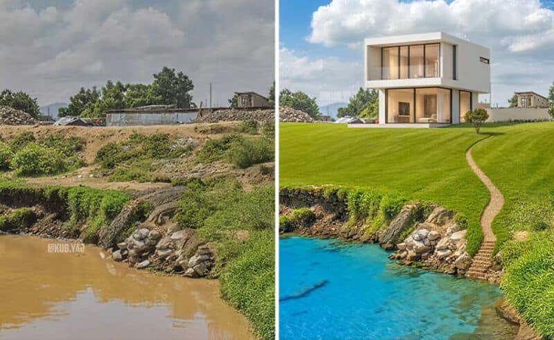 Modern house built on a grassy hill overlooking a river with a pathway.