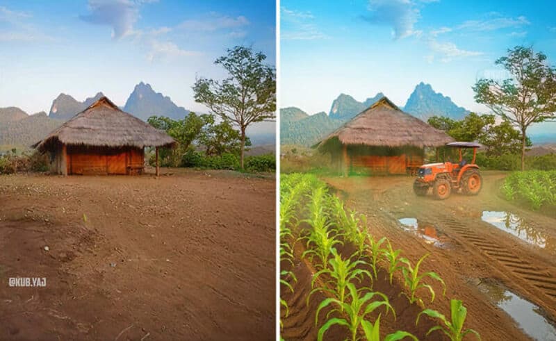 Rural farm scene with a hut, mountains, and a tractor working the land.