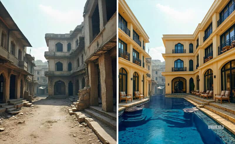 Ancient ruins transformed into a modern luxury hotel with a pool.