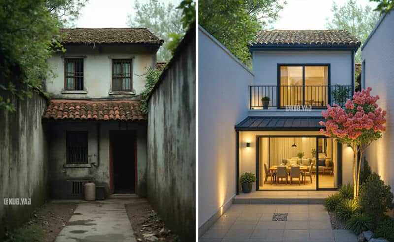 Old, weathered house with a small front yard and narrow pathway.