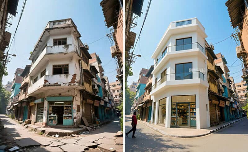 Old dilapidated building on the left, modern renovated building on the right.