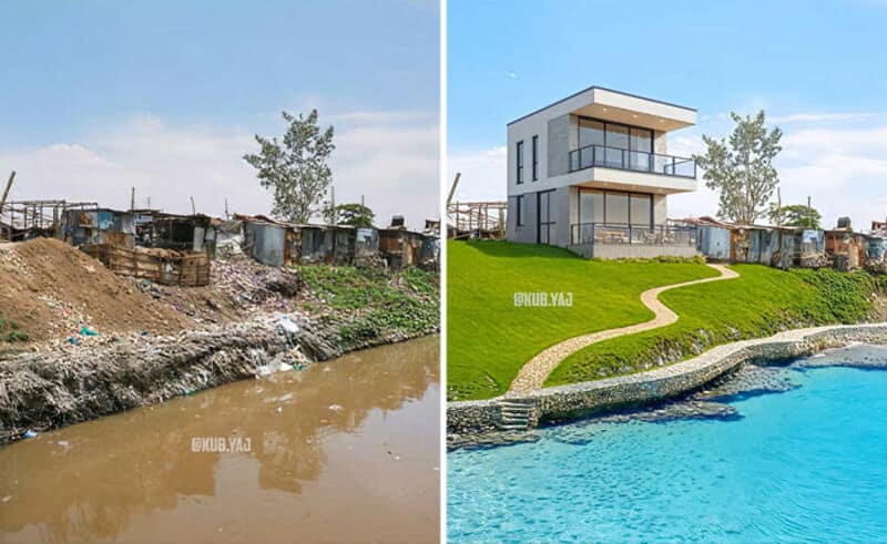 Before and after of a riverbank cleanup and modern house construction.