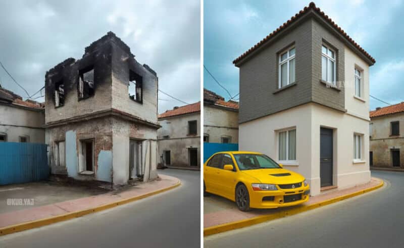 Before and after of a house renovation showing destruction and a modern upgrade.