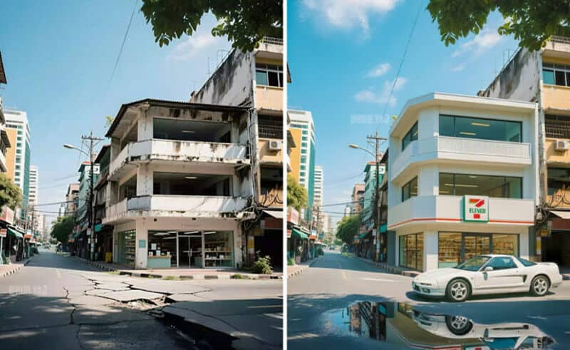 Before and after renovation of a corner building with 7-Eleven store.