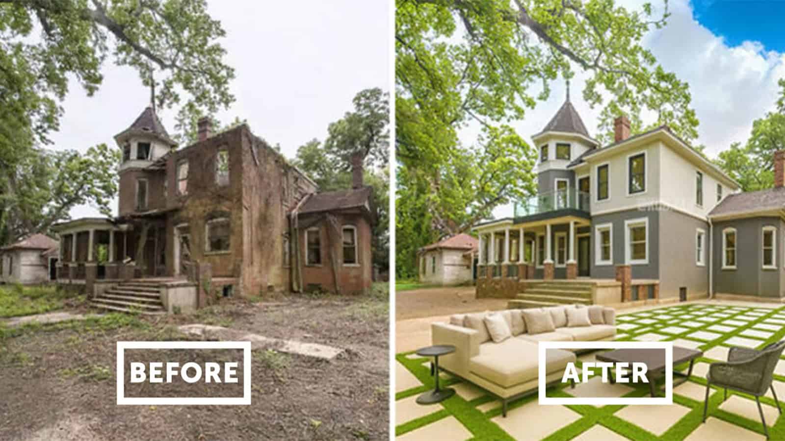 Before and after renovation of a large historic house with a tower.