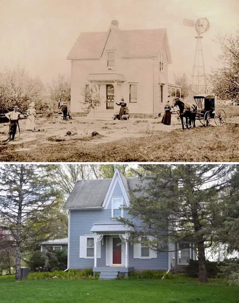 Before and after images of a house renovation, with an old sepia photo above a modern blue house.