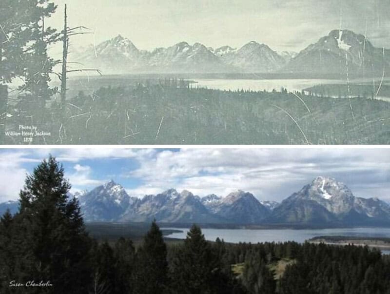 Before and after images of mountain landscape with lake and trees.