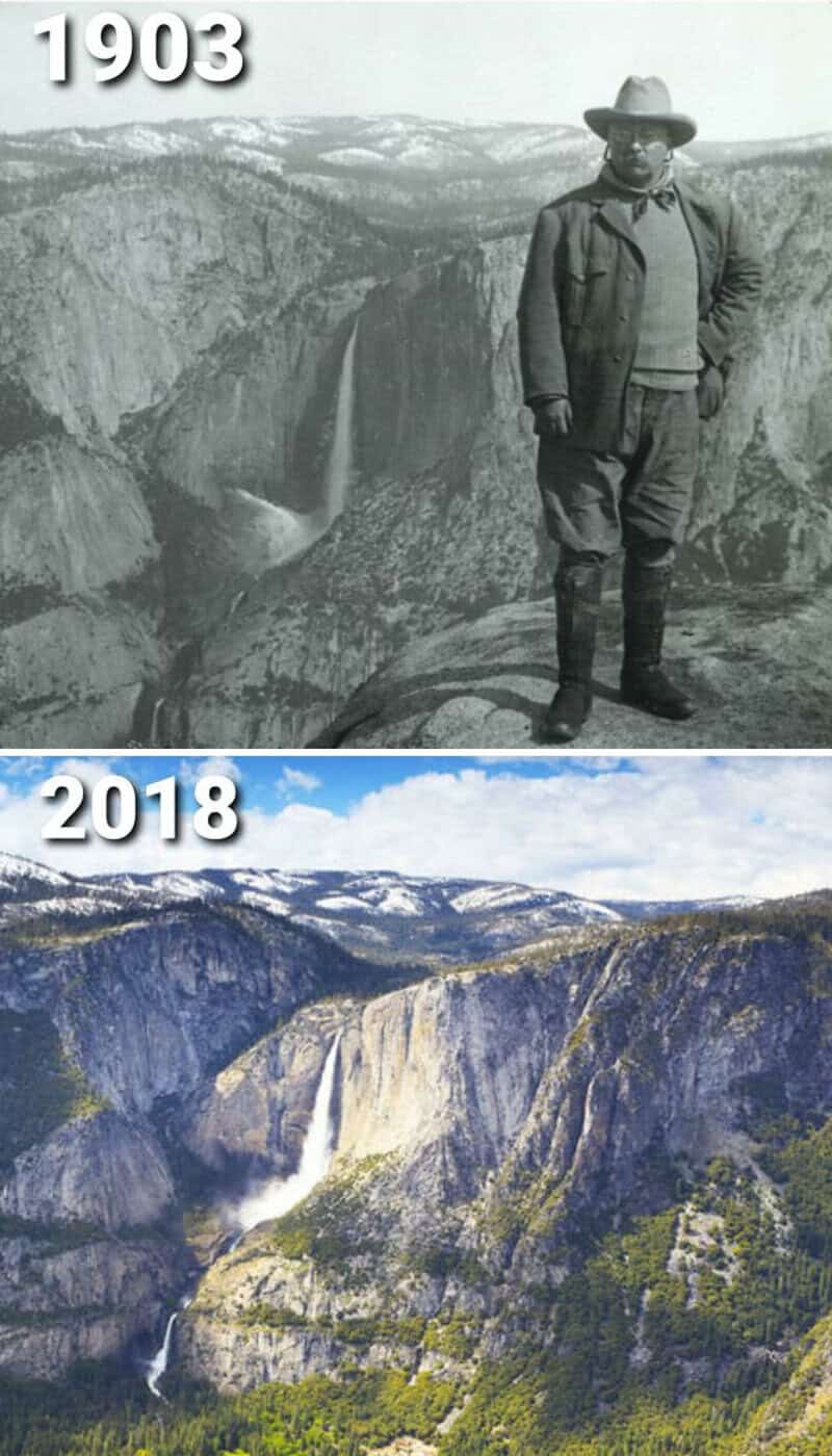 Comparison of waterfalls at Yosemite National Park in 1903 and 2018.