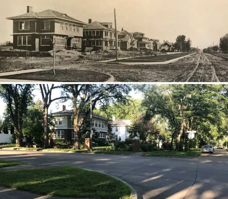Before and after images of a neighborhood showing development and greenery.