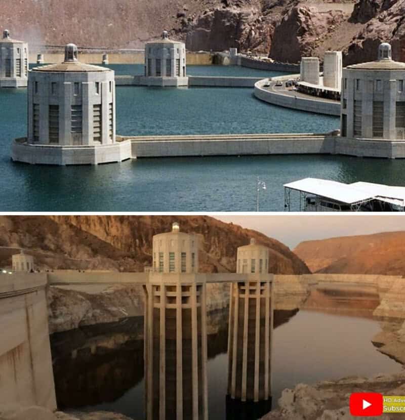 Before and after images of the Hoover Dam showing the reservoir and dam structure.