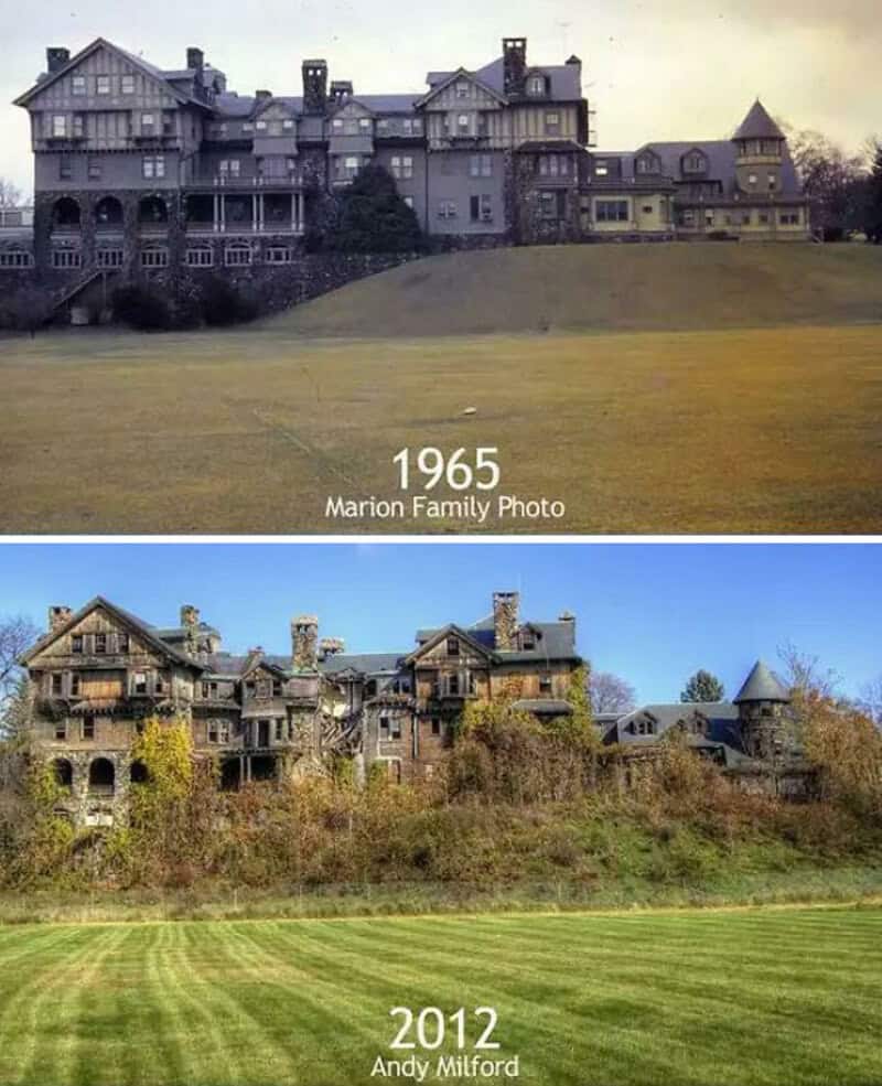 Comparison of a large mansion in 1965 and 2012 showing changes over time.