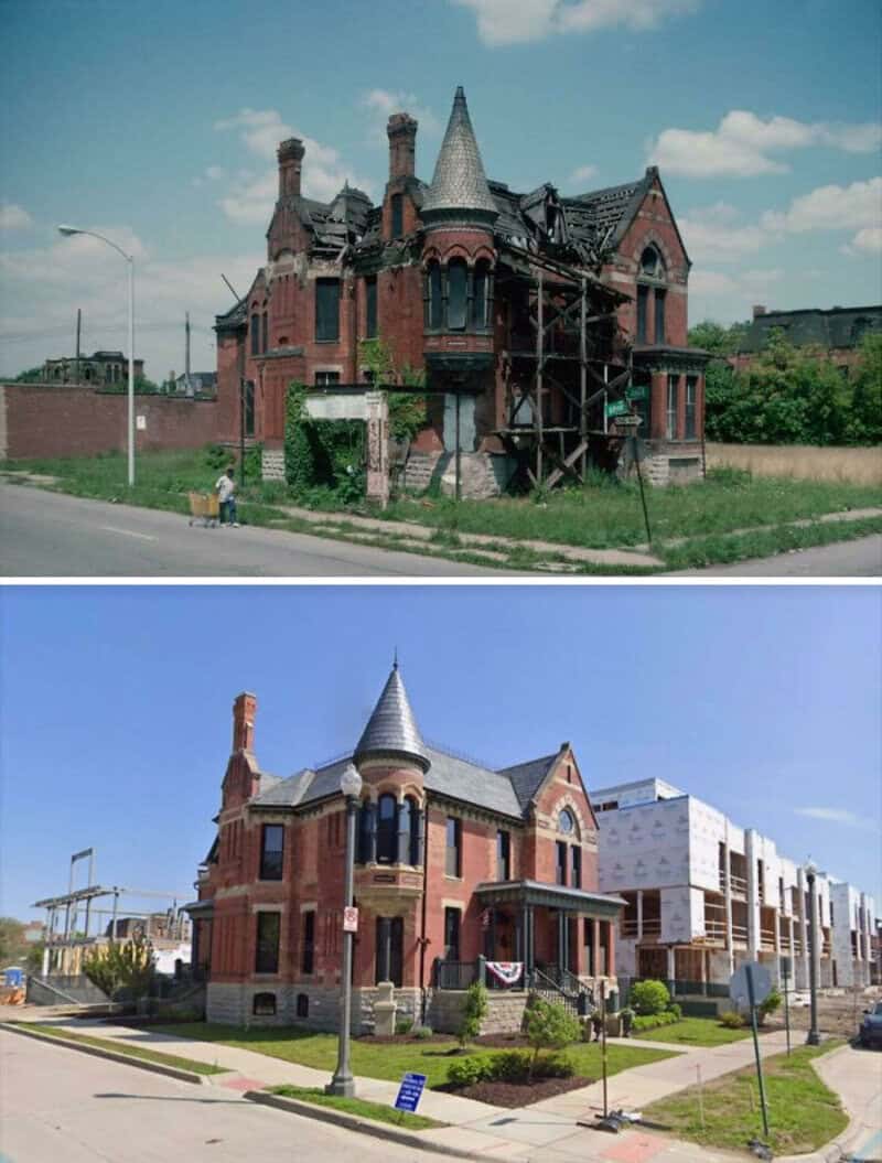 Before and after images of a historic brick house in the USA, showing renovation progress.