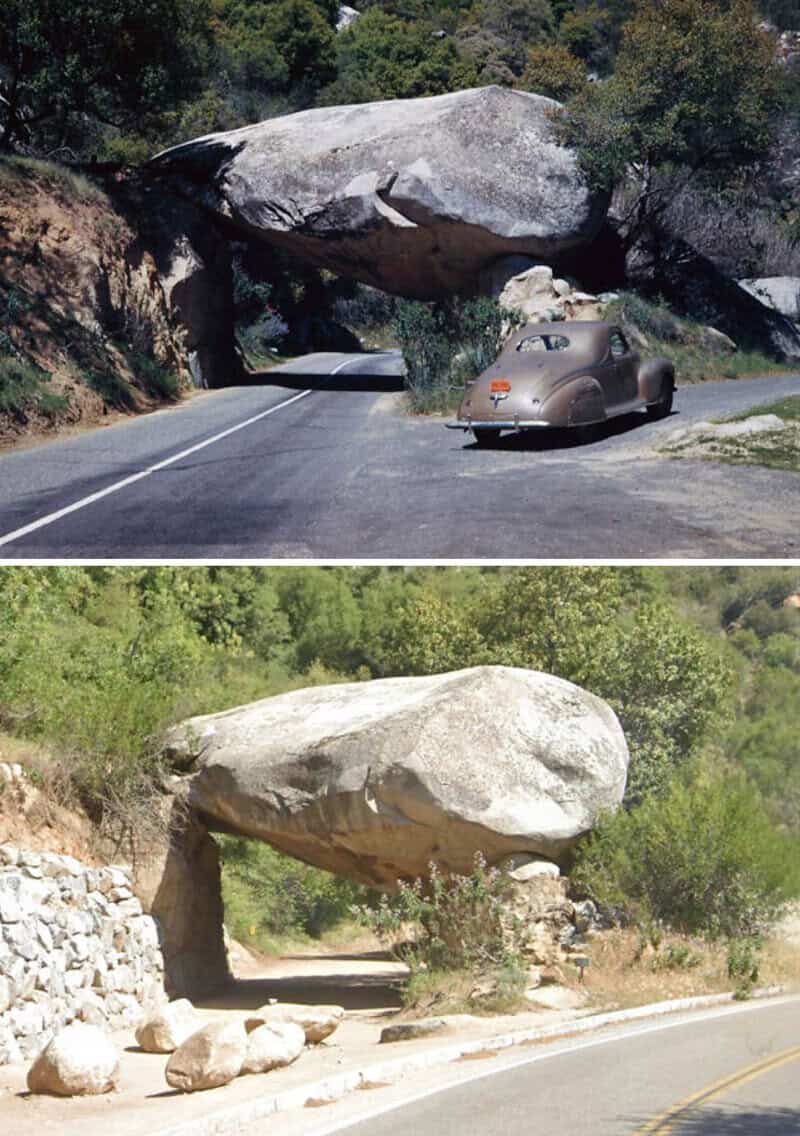 Before and after images of a large boulder on a road, showing removal of the boulder.