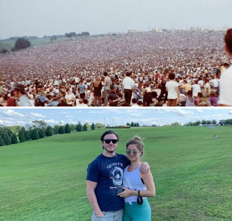 Before and after photos of a large crowd and a couple in a park.