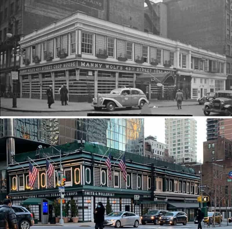 Historical and modern images of Manny Wolf's 49th Street Grill & Chop House.