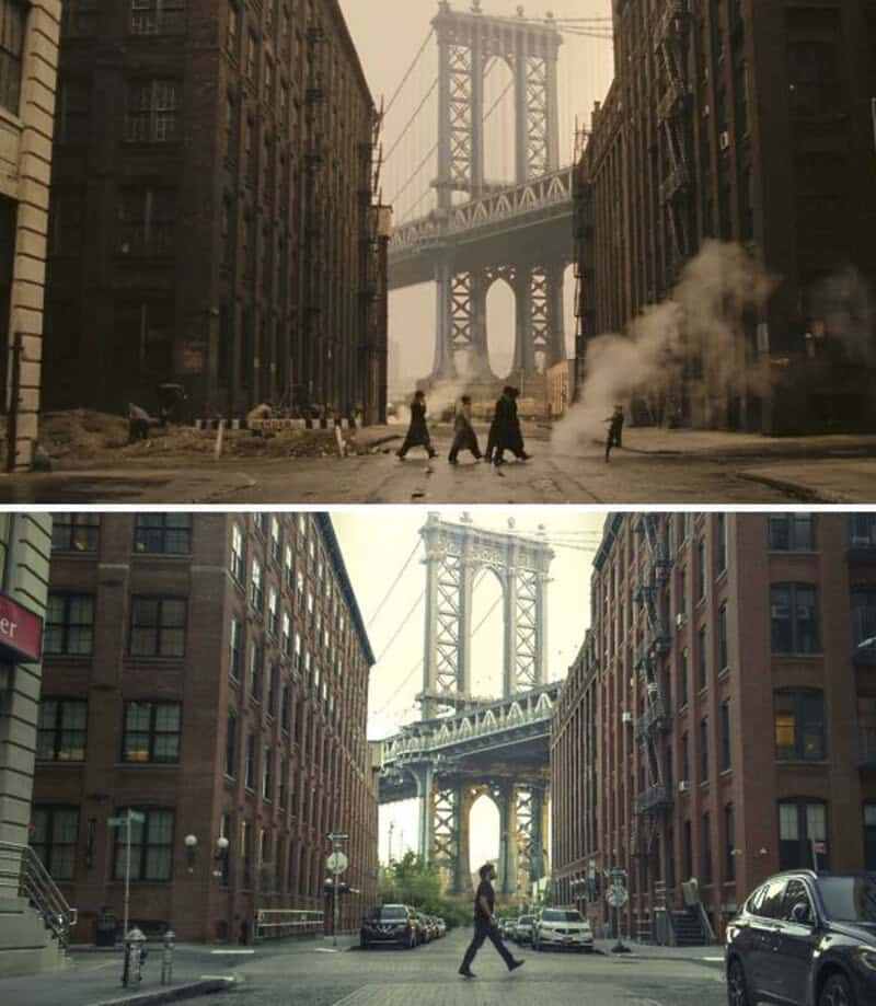 Before and after images of a city street with the Brooklyn Bridge in the background.