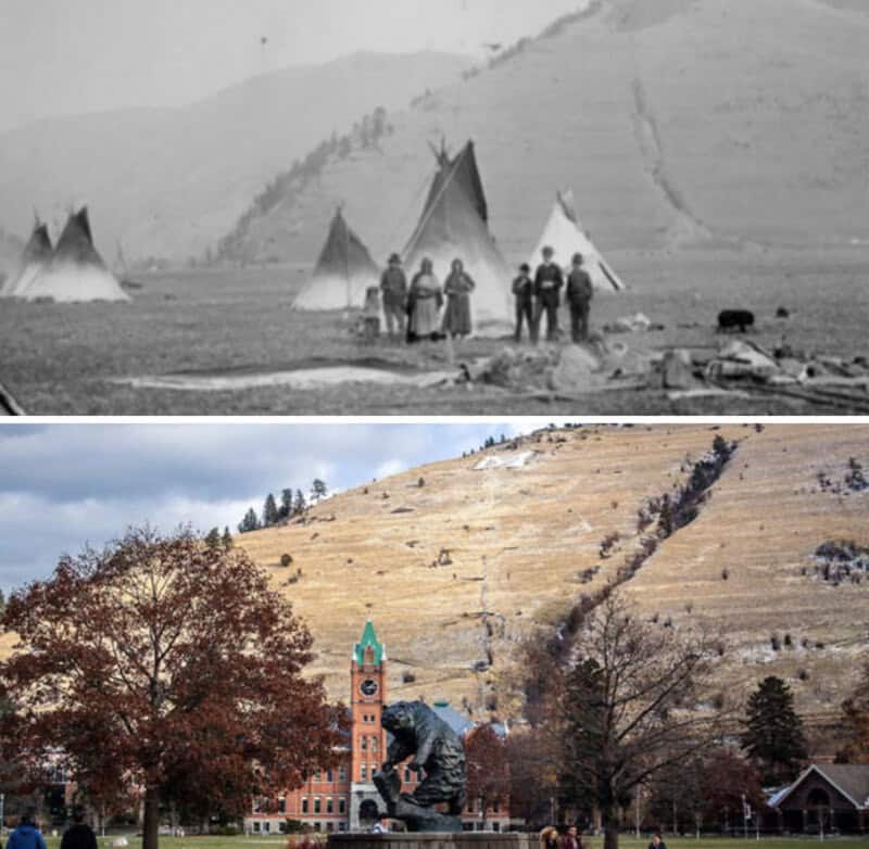 Historical black and white photo of tents and people, modern color photo of a park with a statue and.
