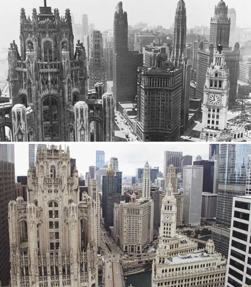 Before and after images of New York City skyline with tall buildings and skyscrapers.
