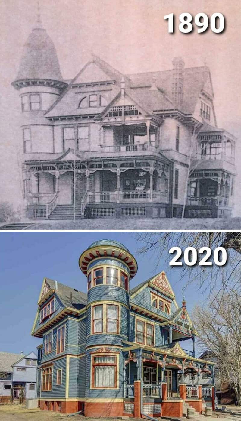 Comparison of a Victorian house in 1890 and 2020 showing renovations.