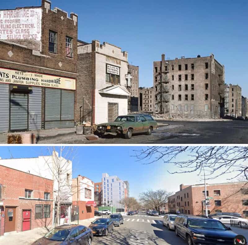 Before and after images of urban buildings and streets in the USA.