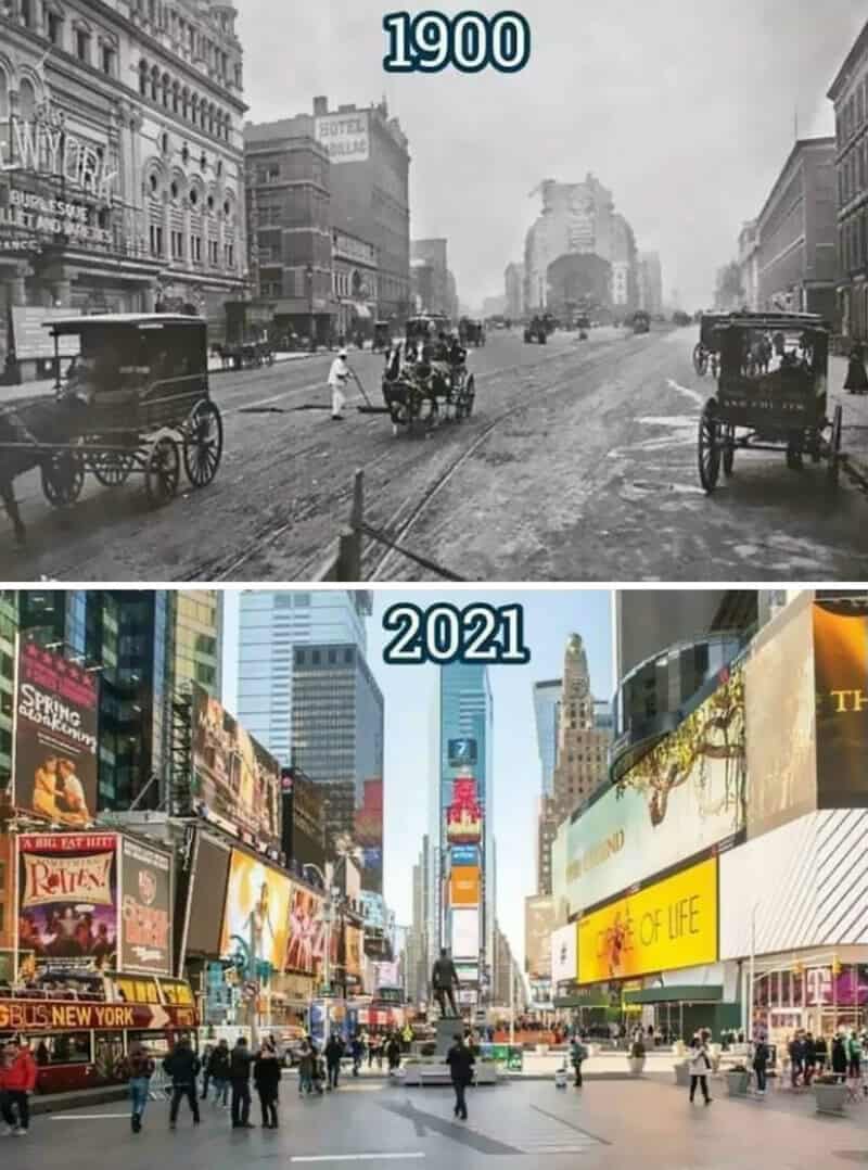 Comparison of Times Square, NYC in 1900 and 2021 showing development.