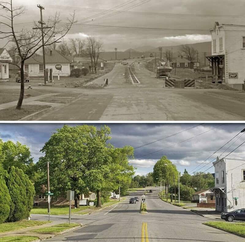 Before and after images of a street in the USA, showing improvements in greenery and road condition.
