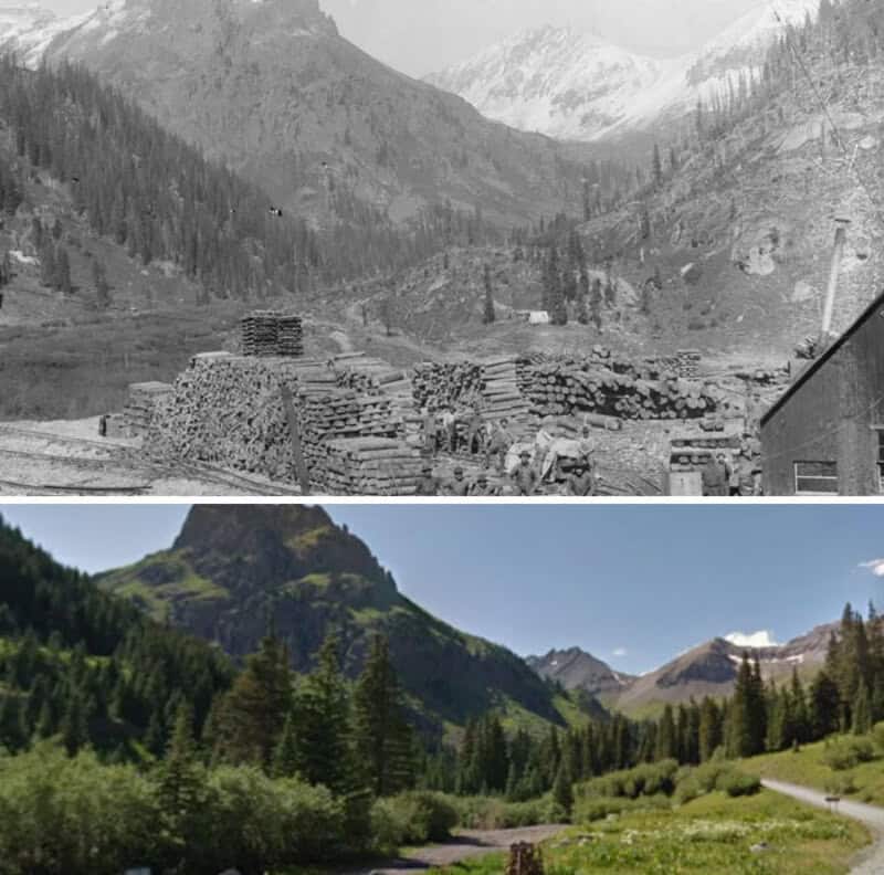 Before and after images of a mountain landscape in the USA, showing development and preservation.