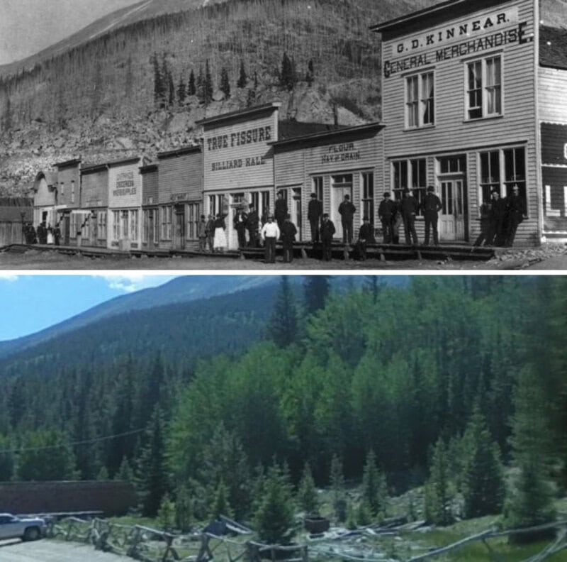 Historical black and white photo of old Western town with wooden buildings and people, modern color-.
