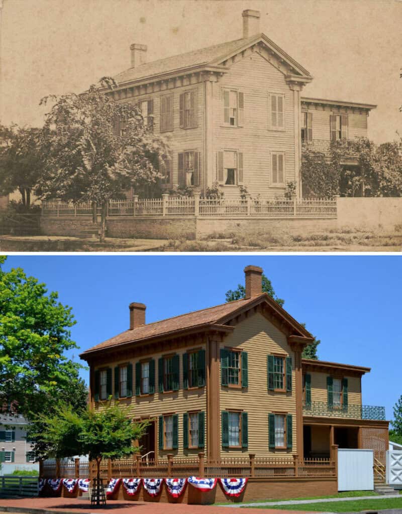 Historic house before and after restoration, shown in sepia and color.
