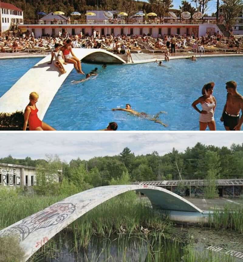 Before and after photos of a water slide, showing the slide in use and its current state.