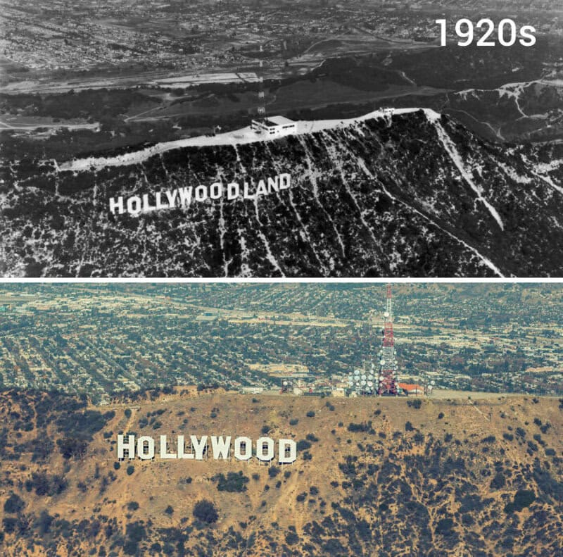 Comparison of Hollywood sign in 1920s and recent color photo.