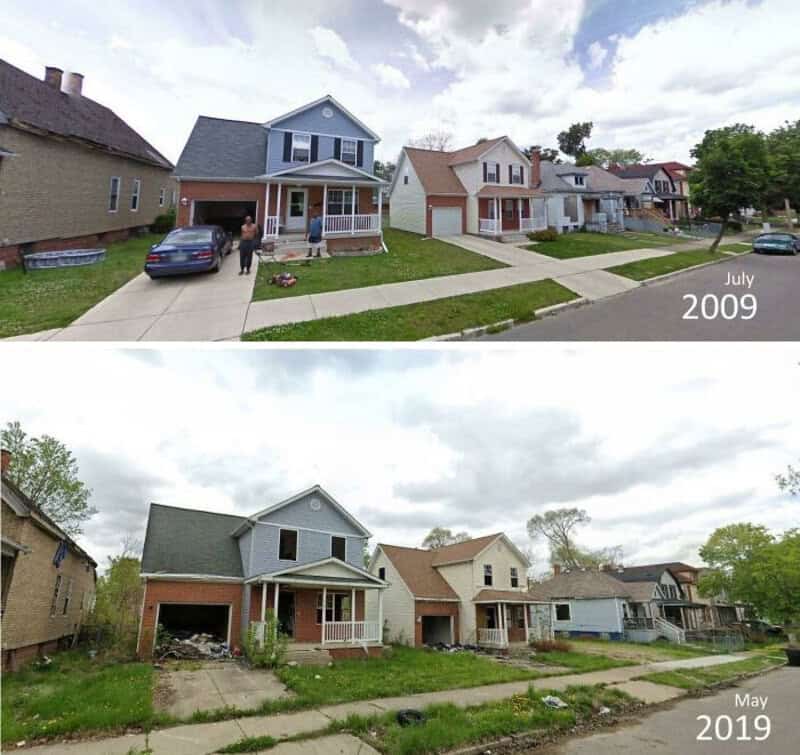 Comparison of houses in July 2009 and May 2019 showing renovation and landscaping changes.