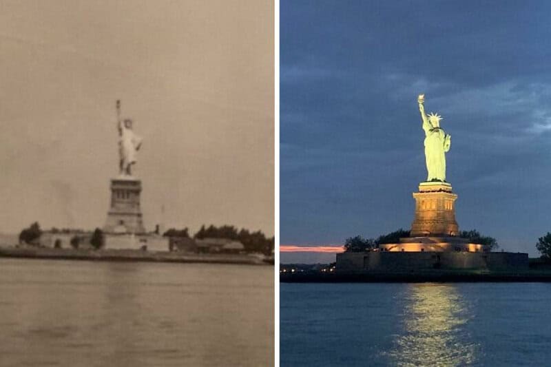 Before and after images of the Statue of Liberty, showing a black and white photo and a colored one.