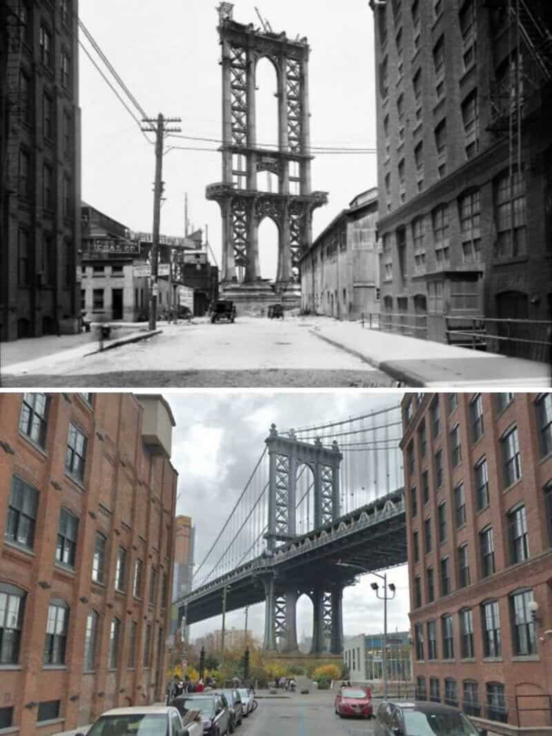 Before and after images of the Brooklyn Bridge in New York City.
