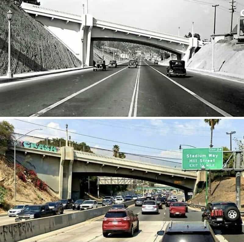Comparison of highway underpass before and after renovation with increased traffic.