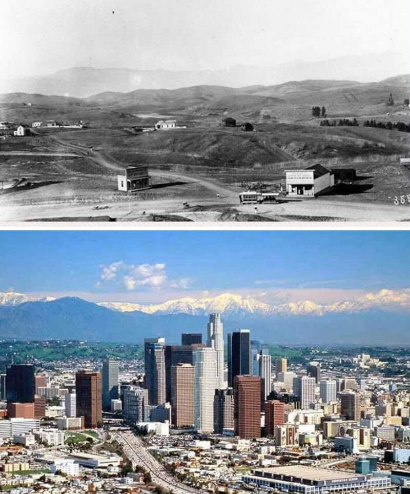 Before and after images of a cityscape showing development and urban growth.