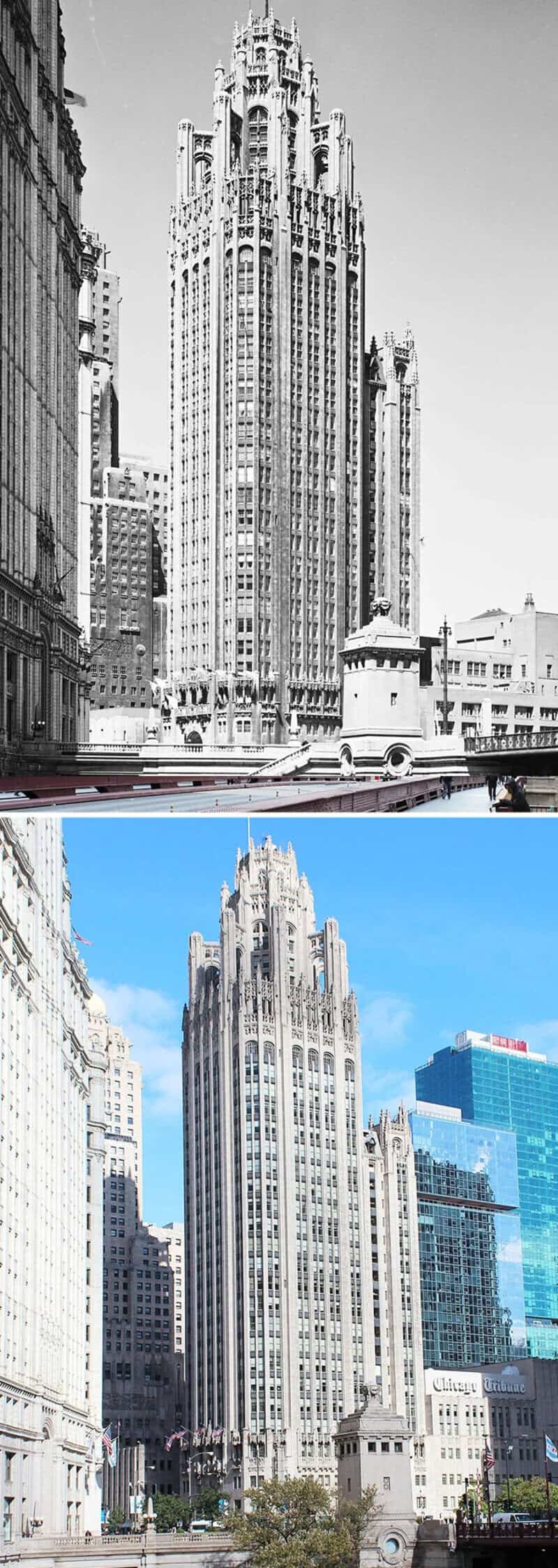 Comparison of a tall skyscraper in black and white and in color.