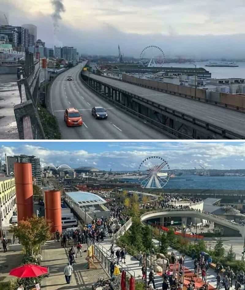 Comparison of Seattle skyline and waterfront before and after development.