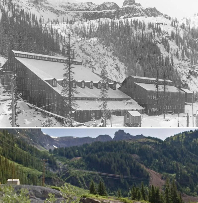 Before and after images of a mountain landscape with a building, trees, and snow.