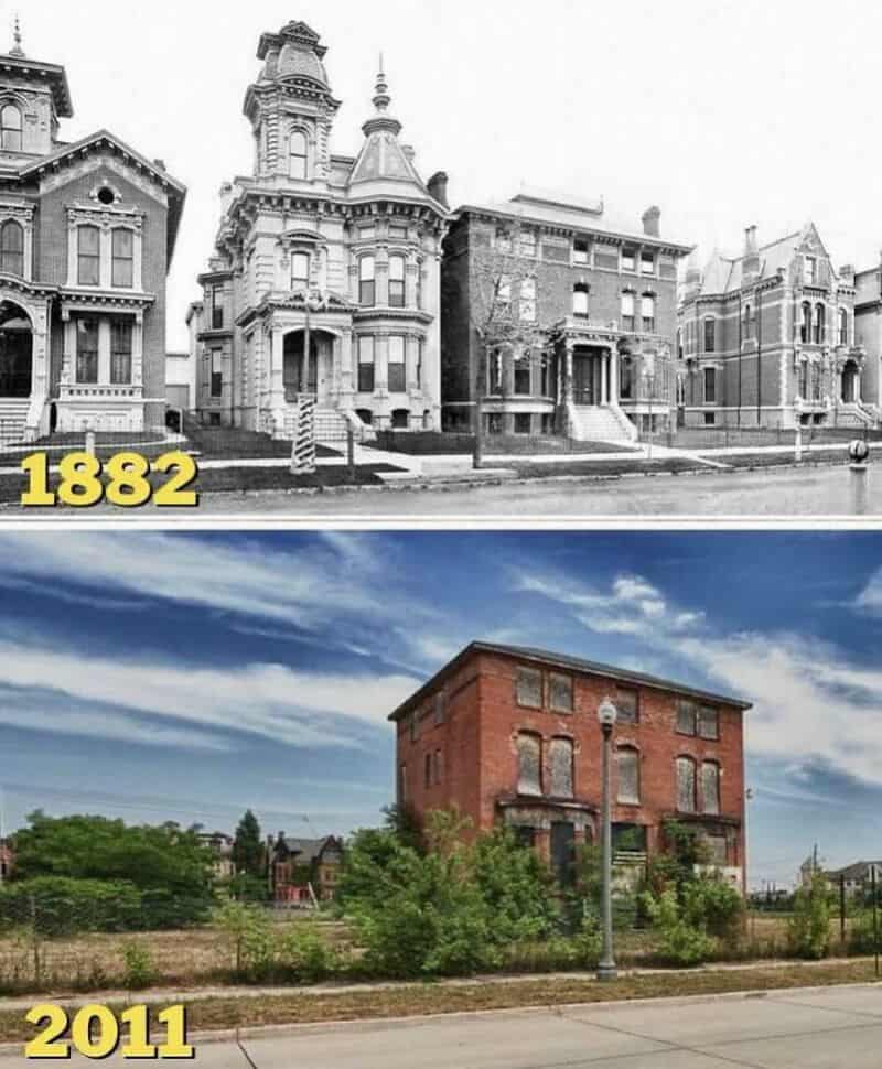 Comparison of Victorian houses in 1882 and 2011, top black-and-white, bottom color.