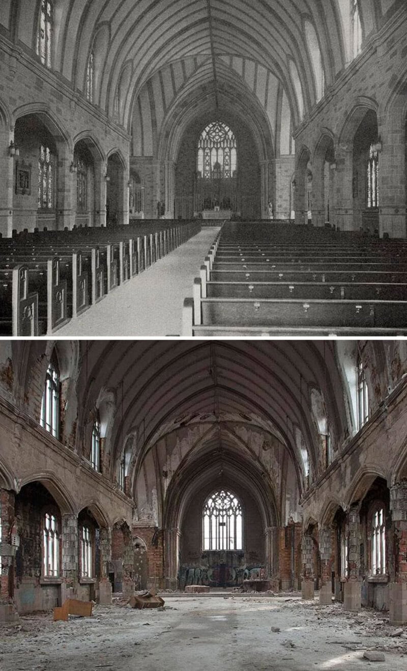 Before and after images of a church interior renovation.