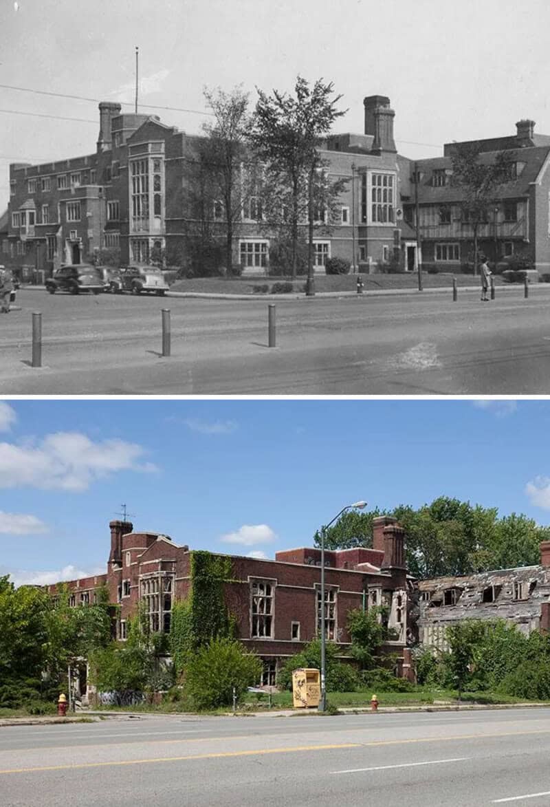Before and after images of a building renovation in the USA.