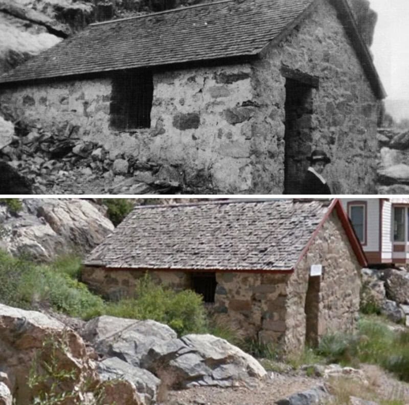 Before and after images of a stone house renovation in the USA.