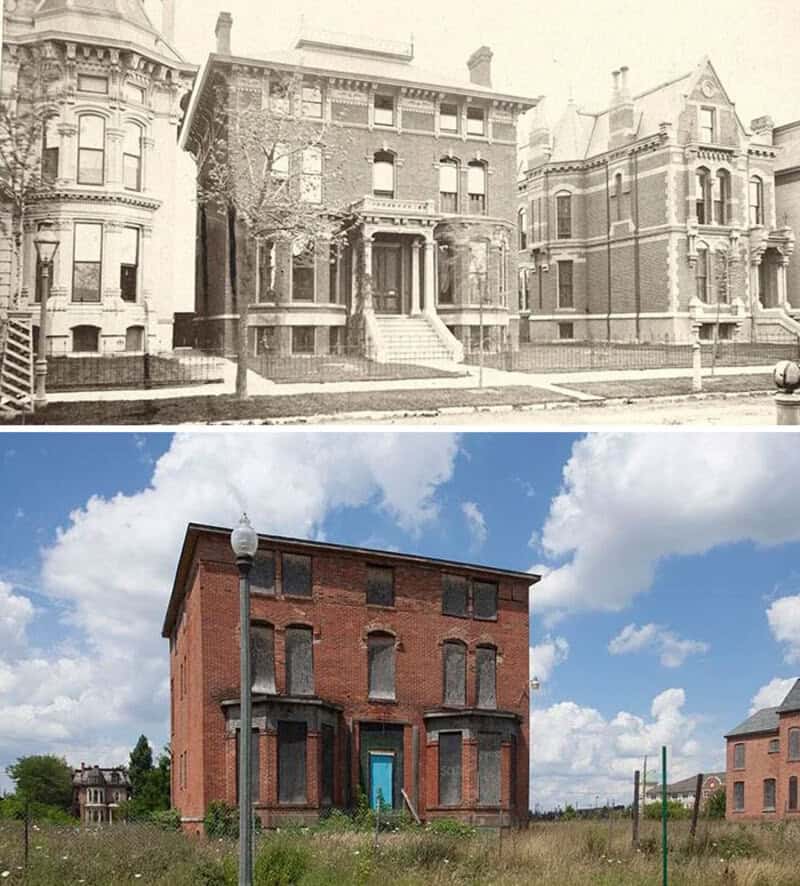 Before and after images of a house transformation, top is old black-and-white, bottom is renovated.