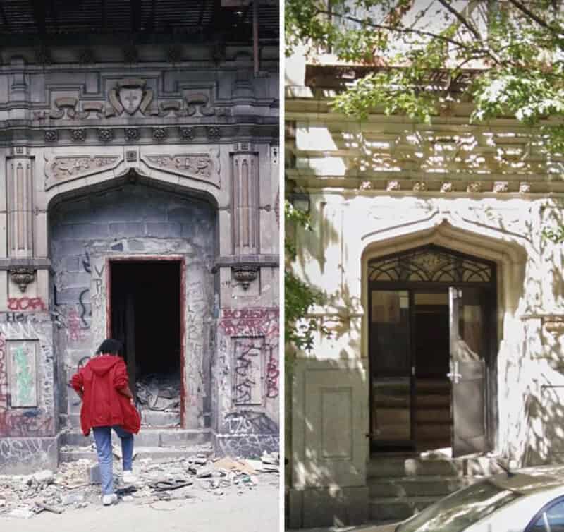 Before and after images of a building entrance, showing renovation.