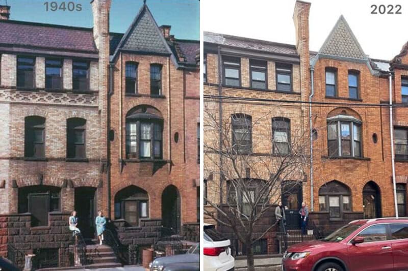 Comparison of a 1940s and 2022 brick house facade with people and cars.