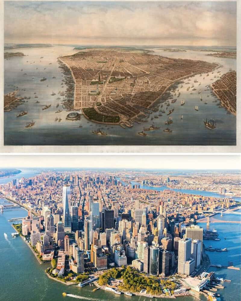 Aerial view of a historic city with a river, ships, and a detailed layout.